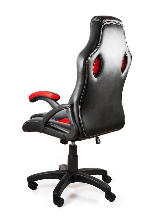 Gaming Stuhl,DYNAMIK-V-7, Material Leder und Membranzusätze,Farbe schwarz-rot.Fußkreuz aus stabilem Kunststoff (Nylon).Rücken Ansicht.