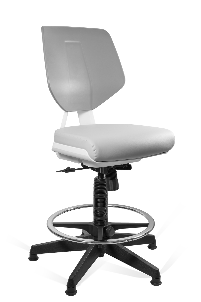Laboratory chair LADEN footrest MATERIAL Seat upholstered with eco-leather PVC Backrest made of plastic coated with polypropylene Chair construction made of plastic in white COLOUR GRAY EDRALO